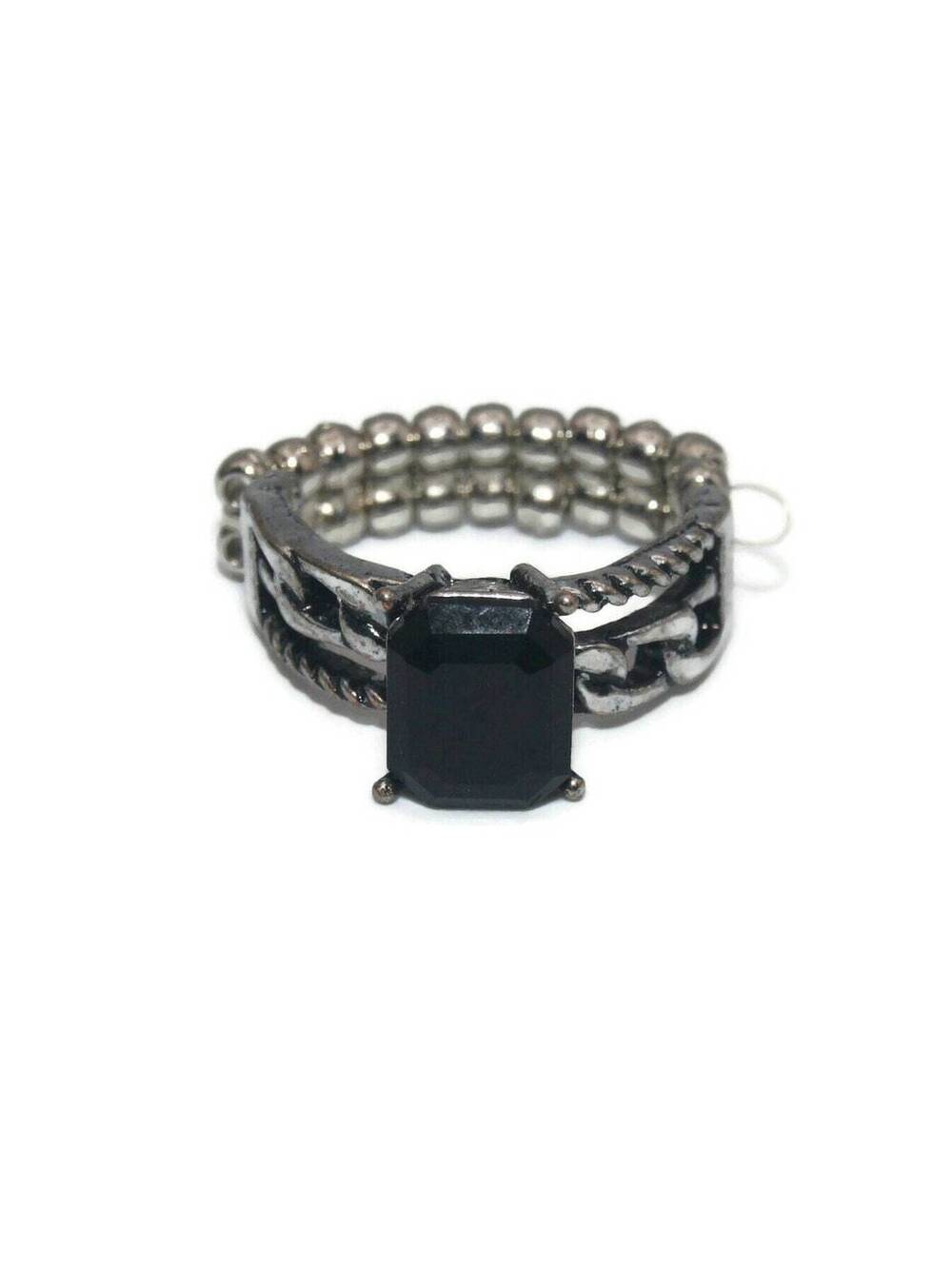 Vintage Silver Tone and Faux Onyx Size 7 Elastic Stretch Statement Ring.